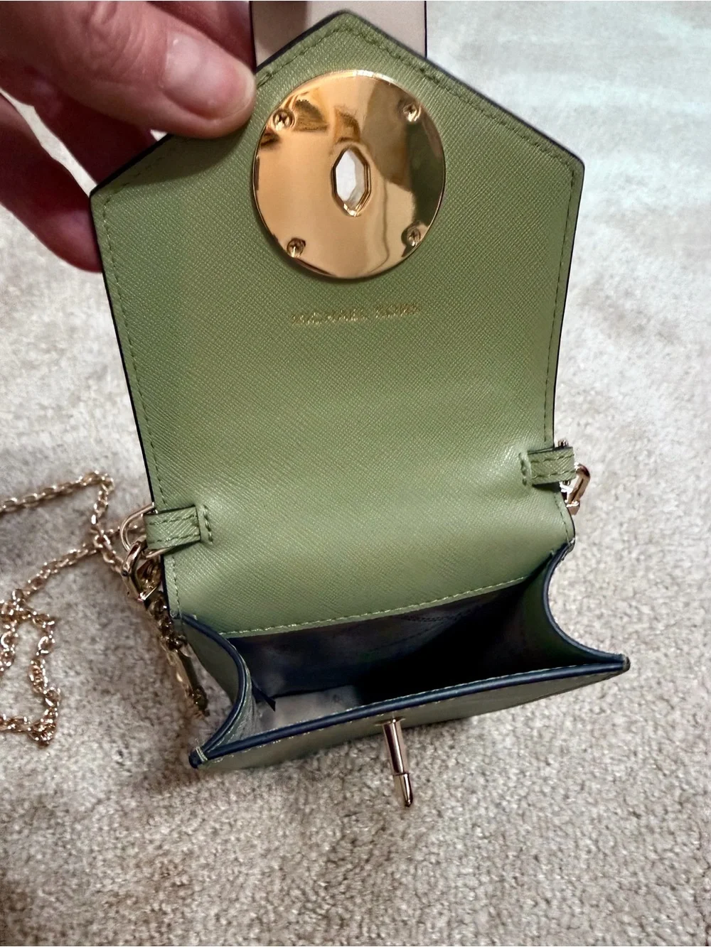 Michael Kors Green & Cream Saffiano Crossbody Phone Bag with Gold MK Logo